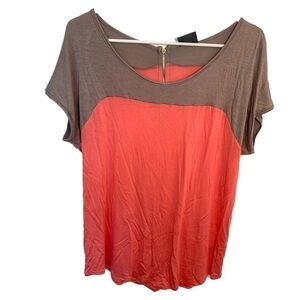 JKLA California Women's Colorblock Blouse Tan Coral Exposed Zipper Scoop Neck